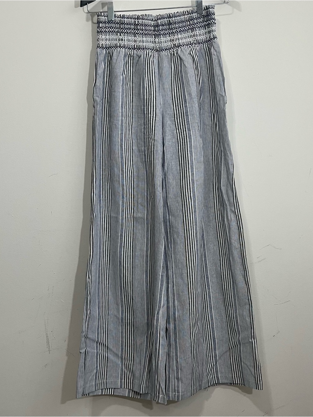 Indero Blue & White Striped Wide Leg High Elastic Waist Linen Blend Pants L EUC